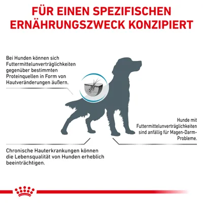 Текст на немецком: Für einen spezifischen Ernährungszweck konzipiert. Описаны проблемы пищевой непереносимости и кожных заболеваний у собак, силуэт собаки, схема кожи.