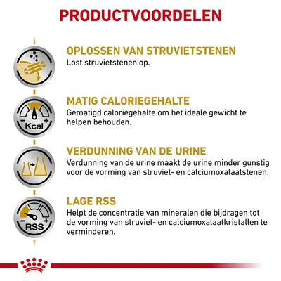 Productvoordelen: oplossen van struvietstenen, matig caloriegehalte, verdunning van de urine, lage RSS. Uitleg bij elk voordeel zichtbaar in afbeelding.
