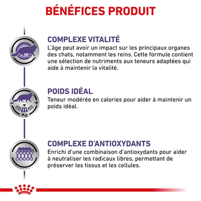 BÉNÉFICES PRODUIT : Complexe vitalité, poids idéal, complexe d’antioxydants. Textes explicatifs sur les effets des nutriments pour chats et le maintien de la vitalité, du poids et des cellules.