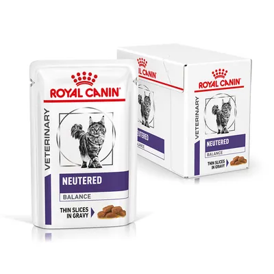 Royal Canin Veterinary Neutered Balance kattenvoer, thin slices in gravy. Verpakking met afbeelding van kat en paar stukjes voer zichtbaar op de voorkant.