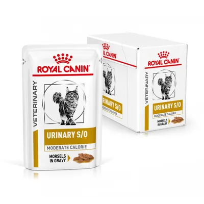 Royal Canin Veterinary Urinary S/O Moderate Calorie mokra karma dla kotów, kawałki w sosie. Opakowanie z kotem i zdjęciem produktu.