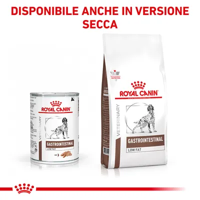 Royal Canin Gastrointestinal Low Fat per cani, lattina e sacco. Testo visibile: DISPONIBILE ANCHE IN VERSIONE SECCA.