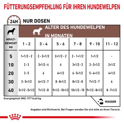 Таблица кормления щенков по весу взрослой собаки (5–40 кг) и возрасту в месяцах, указаны суточные нормы консервов. Энергетическая ценность: 977 ккал/кг. Текст на немецком языке.