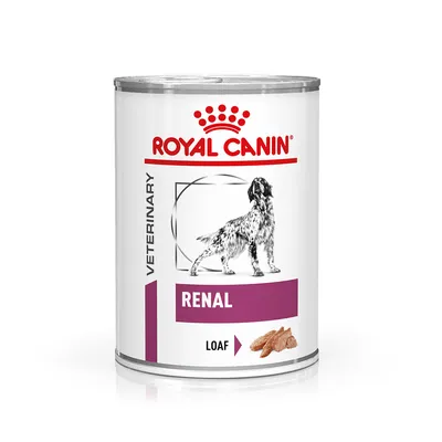 Blik Royal Canin Veterinary Renal Loaf hondenvoer, afbeelding van hond en voer, tekst: RENAL, LOAF, VETERINARY. Blik Royal Canin Veterinary Renal Loaf hondenvoer, afbeelding van hond en voer, tekst: RENAL, LOAF, VETERINARY.