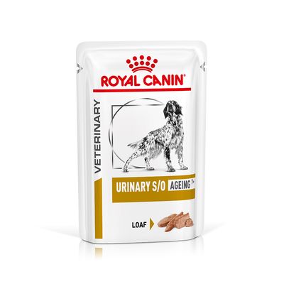 Royal Canin VETERINARY URINARY S/O AGEING 7+ LOAF vådfoder til hund, billede af hund og foderstykker på emballagen