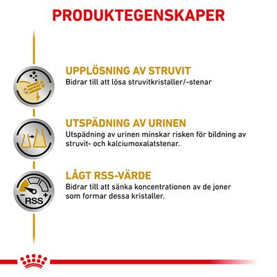 PRODUKTEGENSKAPER: Upplösning av struvit – bidrar till att lösa struvitkristaller/-stenar. Utspädning av urinen minskar risken för stenar. Lågt RSS-värde sänker koncentrationen av joner.