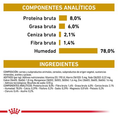 Componentes analíticos: proteína bruta 8 %, grasa bruta 6 %, ceniza bruta 2,1 %, fibra bruta 1,4 %, humedad 78 %. Ingredientes: carnes, cereales, minerales, aceites y grasas.