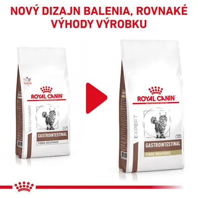 Porovnanie starého a nového balenia Royal Canin Gastrointestinal Fibre Response pre mačky. Text: Nový dizajn balenia, rovnaké výhody výrobku.