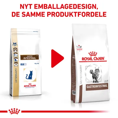 Nyt emballagedesign for Royal Canin Gastro Intestinal kattefoder vises med to poser og teksten: NYT EMBALLAGEDESIGN, DE SAMME PRODUKTFORDELE.