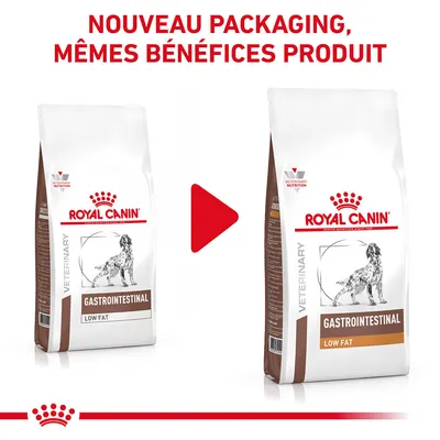 Comparaison de deux sacs Royal Canin Gastrointestinal Low Fat pour chien, texte visible : Nouveau packaging, mêmes bénéfices produit. Changement d’emballage illustré par une flèche rouge.