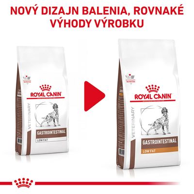 Nový dizajn balenia Royal Canin Gastrointestinal Low Fat, rovnaké výhody výrobku. Dve balenia s nápisom VETERINARY NUTRITION a obrázkom psa.