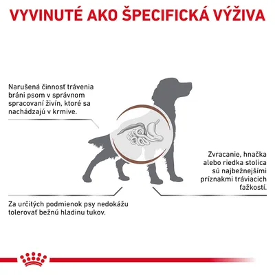 Vyvinuté ako špecifická výživa. Narušená činnosť trávenia bráni psom v spracovaní živín. Zvracanie, hnačka alebo riedka stolica sú príznaky tráviacich ťažkostí. Netolerancia tukov.