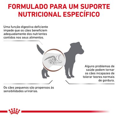 Formulado para um suporte nutricional específico. Uma função digestiva deficiente impede que os cães beneficiem dos nutrientes. Cães pequenos são propensos a sensibilidades urinárias.
