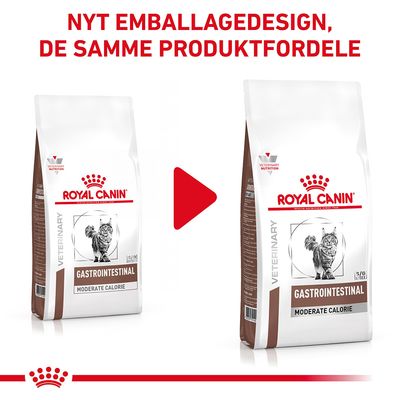 Royal Canin Gastrointestinal Moderate Calorie kattefoder, nyt emballagedesign vist med to poser og teksten: NYT EMBALLAGEDESIGN, DE SAMME PRODUKTFORDELE.