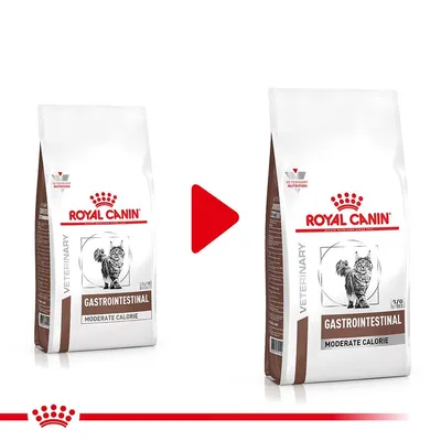Промяна на опаковката: Royal Canin Gastrointestinal Moderate Calorie за котки, показани са старата и новата опаковка с видими надписи и изображение на котка. Промяна на опаковката: Royal Canin Gastrointestinal Moderate Calorie за котки, показани са старата и новата опаковка с видими надписи и изображение на котка.