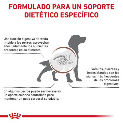 Formulado para un soporte dietético específico. Una función digestiva alterada impide aprovechar nutrientes. Vómitos, diarreas y heces blandas son signos frecuentes. Aporte calórico controlado.