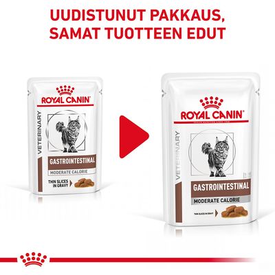 Royal Canin Gastrointestinal Moderate Calorie -kissanruoan uudistunut pakkaus, samat tuotteen edut. Pakkauksessa teksti: Thin Slices in Gravy.