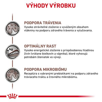 Výhody výrobku: podpora trávenia, optimálny rast, podpora mikrobiómu. Text o zložení a účinkoch na trávenie, rast a črevný mikrobióm. Text v slovenčine.