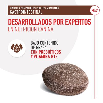 Premios compatibles con alimentos gastrointestinal. Desarrollados por expertos en nutrición canina. Bajo contenido de grasa, con prebióticos y vitamina B12. FAT. Galleta marrón visible.