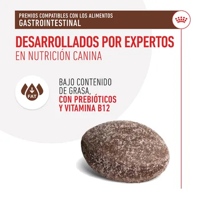 Premios compatibles con alimentos gastrointestinal. Desarrollados por expertos en nutrición canina. Bajo contenido de grasa, con prebióticos y vitamina B12. FAT. Galleta marrón visible.
