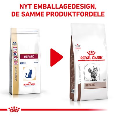 Nyt emballagedesign for Royal Canin Hepatic kattefoder. Billedet viser den gamle og nye pose med teksten: NYT EMBALLAGEDESIGN, DE SAMME PRODUKTFORDELE.