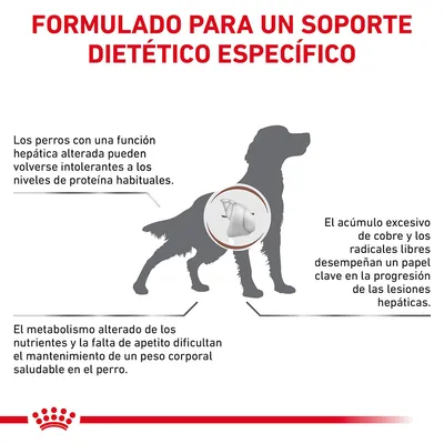 Formulado para un soporte dietético específico. Información sobre función hepática alterada, metabolismo de nutrientes y acumulación de cobre en perros. Imagen silueta de perro.