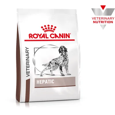 Royal Canin Veterinary Hepatic hrana za pse, pakiranje sa slikom psa i logotipom za veterinarsku prehranu.