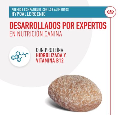 Premios compatibles con los alimentos hypoallergenic. Desarrollados por expertos en nutrición canina. Con proteína hidrolizada y vitamina B12.