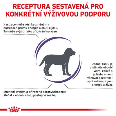 Receptura sestavená pro konkrétní výživovou podporu. Text: Kastrace může vést ke změnám v příjmu energie, období růstu je citlivé, imunitní systém štěňat se posiluje.
