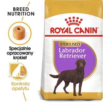 Royal Canin Sterilised Labrador Retriever, specjalnie opracowany krokiet, kontrola apetytu. Opakowanie z ilustracją psa rasy labrador retriever i widocznym logo marki.