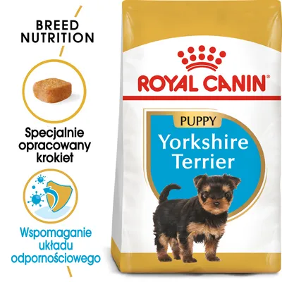 ROYAL CANIN Puppy Yorkshire Terrier, specjalnie opracowany krokiet, wspomaganie układu odpornościowego. Opakowanie karmy z wizerunkiem szczeniaka rasy yorkshire terrier.
