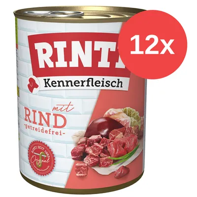 Lata de comida Rinti Kennerfleisch mit Rind, getreidefrei. Paquete de 12 unidades. Imagen de carne y verduras en la etiqueta. Texto Original seit 1983 visible. Lata de comida Rinti Kennerfleisch mit Rind, getreidefrei. Paquete de 12 unidades. Imagen de carne y verduras en la etiqueta. Texto Original seit 1983 visible.