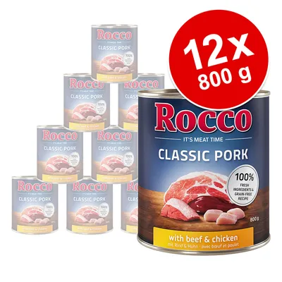 Rocco Classic Pork with beef & chicken, 12 x 800 g dåser. Synlig tekst: 100% fresh ingredients & grain-free recipe. Billede af kød på etiketten.