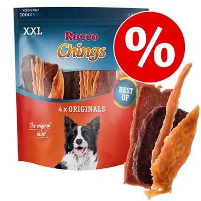 Bolsa de snacks Rocco Chings XXL 4 x Originals, texto 'BEST OF', imagen de tiras de carne y perro en el envase, símbolo de porcentaje en rojo para oferta.