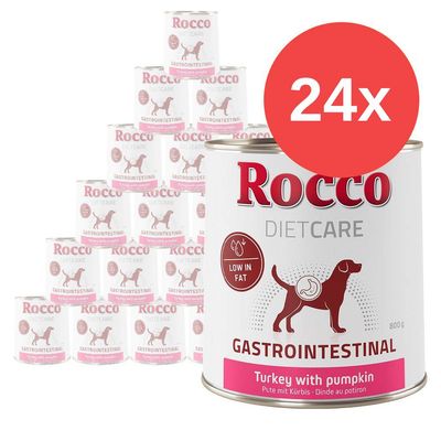 24 lattine Rocco Diet Care Gastrointestinal, tacchino con zucca, 800 g, per cani. Testo visibile: Low in fat, Turkey with pumpkin.