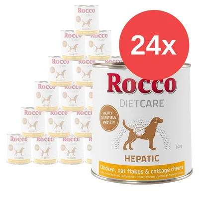 24 lattine Rocco Diet Care Hepatic, 800 g, pollo, fiocchi d’avena e cottage cheese. Testo visibile: Highly digestible protein. Immagine di cane stilizzato sulla confezione.