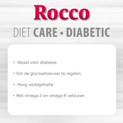 Rocco DIET CARE DIABETIC. Ideaal voor diabetes, om de glucosetoevoer te regelen, hoog vezelgehalte, met omega-3 en omega-6 vetzuren.