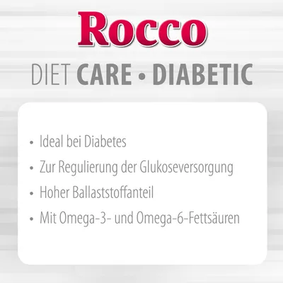 Rocco DIET CARE DIABETIC. Text în germană: Ideal bei Diabetes, Zur Regulierung der Glukoseversorgung, Hoher Ballaststoffanteil, Mit Omega-3- und Omega-6-Fettsäuren.