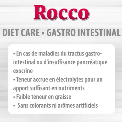 Rocco DIET CARE GASTRO INTESTINAL : maladies du tractus gastro-intestinal, électrolytes accrus, faible teneur en graisse, sans colorants ni arômes artificiels. Texte en français.