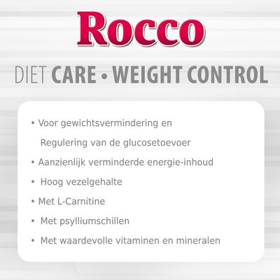 Rocco Diet Care Weight Control: voor gewichtsvermindering, regulering van glucosetoevoer, verminderde energie-inhoud, hoog vezelgehalte, L-Carnitine, psylliumschillen, vitaminen en mineralen.