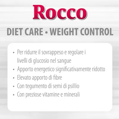 Rocco DIET CARE WEIGHT CONTROL. Per ridurre il sovrappeso e regolare i livelli di glucosio nel sangue, apporto energetico ridotto, fibre, tegumento di semi di psillio, vitamine e minerali.