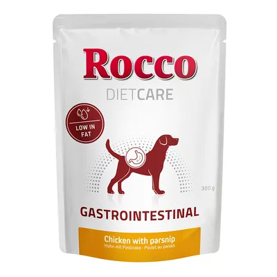 Rocco DietCare Gastrointestinal, sărac în grăsimi, pui cu păstârnac, 300g. Ambalajul prezintă un câine cu simbol de stomac.