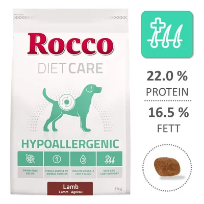 Rocco Diet Care Hypoallergenic hundfoder, lamm, 1 kg. Text: 22,0 % protein, 16,5 % fett. Bild på foderbit och symboler för egenskaper. Synlig text: grain-free recipe, single source of animal protein.