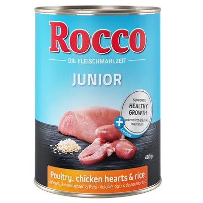 Rocco Junior, pollame, cuori di pollo e riso. Favorisce una crescita sana con calcio. Lattina da 400g.