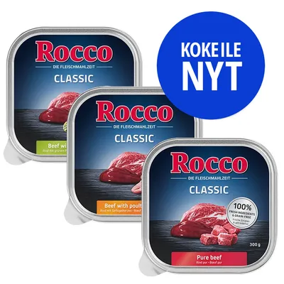 Rocco Classic -koiranruokapakkaukset: Pure beef, Beef with poultry, Beef with green tripe. Teksti: 100% fresh ingredients & grain-free, KOKEILE NYT. 300 g.