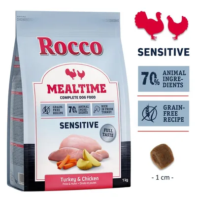 Rocco Mealtime Sensitive torrfoder för hund, 1 kg. Text: 70 % animal ingredients, grain-free recipe, rich in fresh turkey, turkey & chicken. Bild på foderbit med mått ca 1 cm.