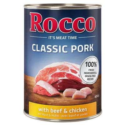 Rocco Classic Pork krmivo pro psy, 400g konzerva, s hovězím a kuřecím, 100% čerstvé suroviny, bezobilná receptura.