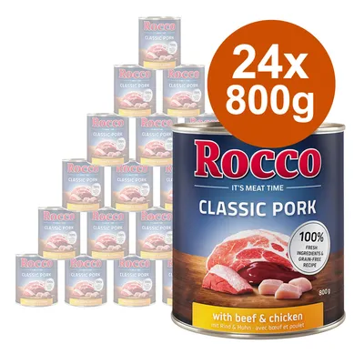 Rocco Classic Pork with beef & chicken, 24×800g konzerv. Text: 100% fresh ingredients & grain-free recipe. Obal s masem na etiketě.