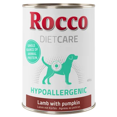 Konzerva Rocco DIETCARE HYPOALLERGENIC, Single source of animal protein, Lamb with pumpkin, 400 g. Text také v němčině a francouzštině.