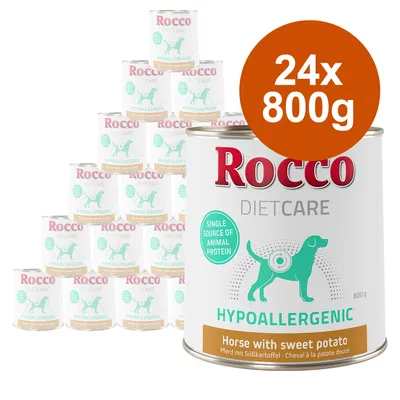 Rocco Diet Care Hypoallergenic, άλογο με γλυκοπατάτα, μία πηγή ζωικής πρωτεΐνης. Συσκευασία: 24x800g.